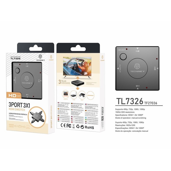 Switch HDMI 3 Portas TL7326 TECHANCY