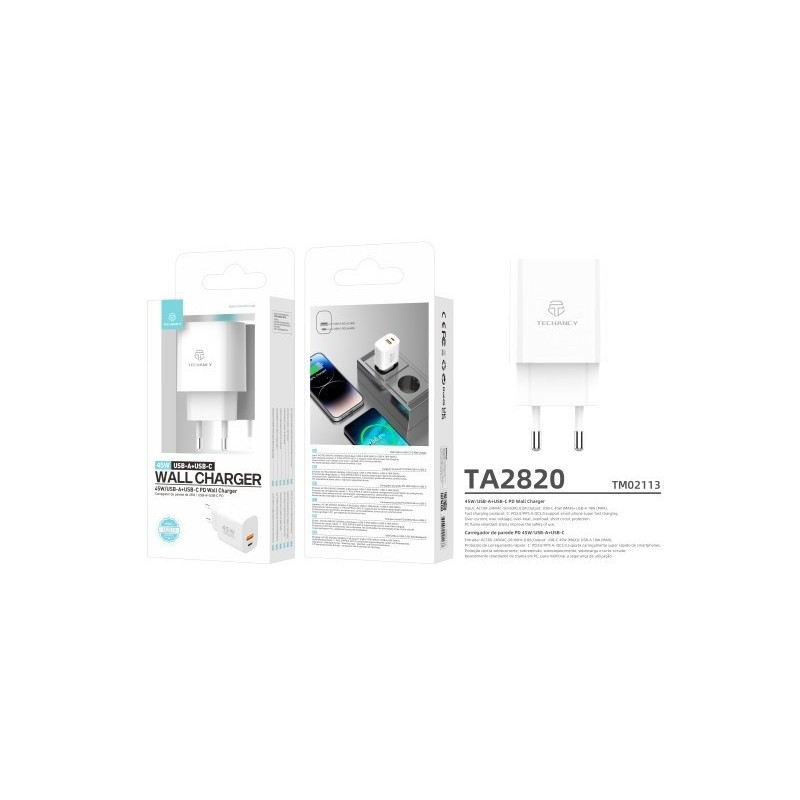 Carregador Duplo USB-A + USB-C 45W Branco TA2819 TECHANCY