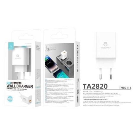 Carregador Duplo USB-A + USB-C 45W Branco TA2819 TECHANCY