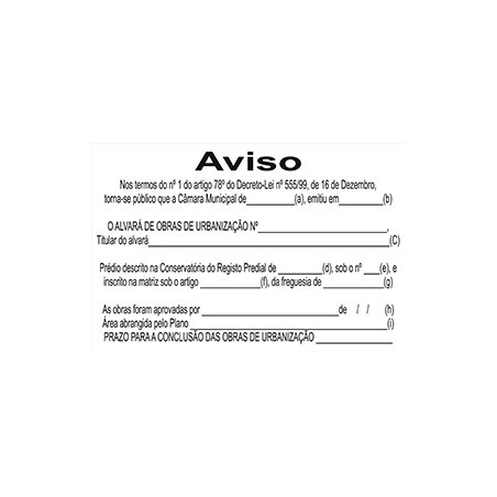 Placa Alvará de Obras de Urbanização PVC Opaco S3F